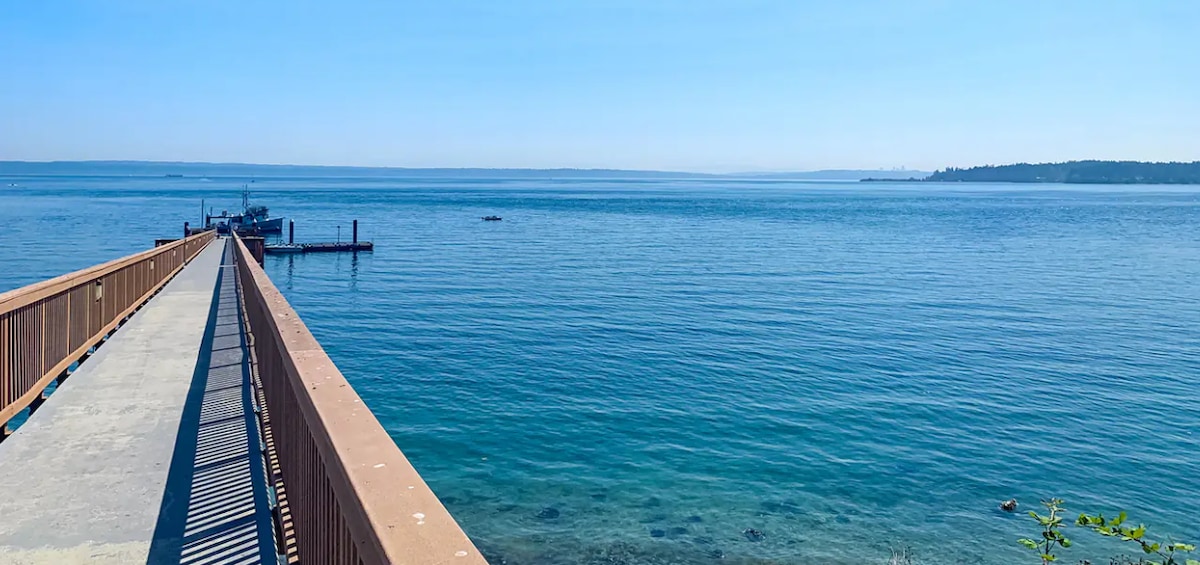 The image showcases a wide, concrete pier extending into calm blue waters, with a clear sky above. The shoreline features rocky elements beneath the water's surface, while distant land is visible along the horizon, suggesting a serene coastal landscape.