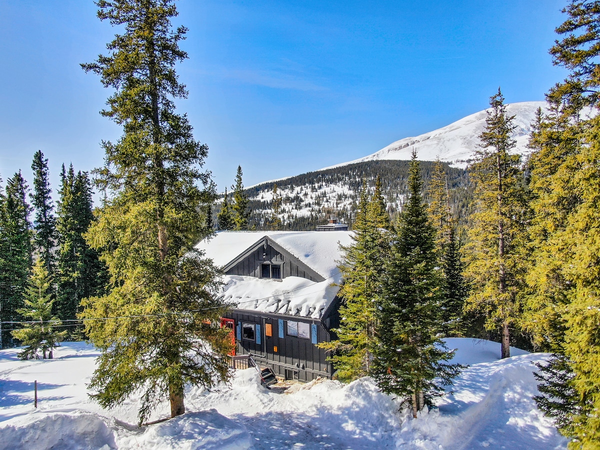 The cabin is nestled among tall evergreen and aspen trees, surrounded by a blanket of snow. Majestic mountains rise in the background, completing the serene winter landscape. The structure features a sloped roof and large windows, inviting natural light into the inviting space.