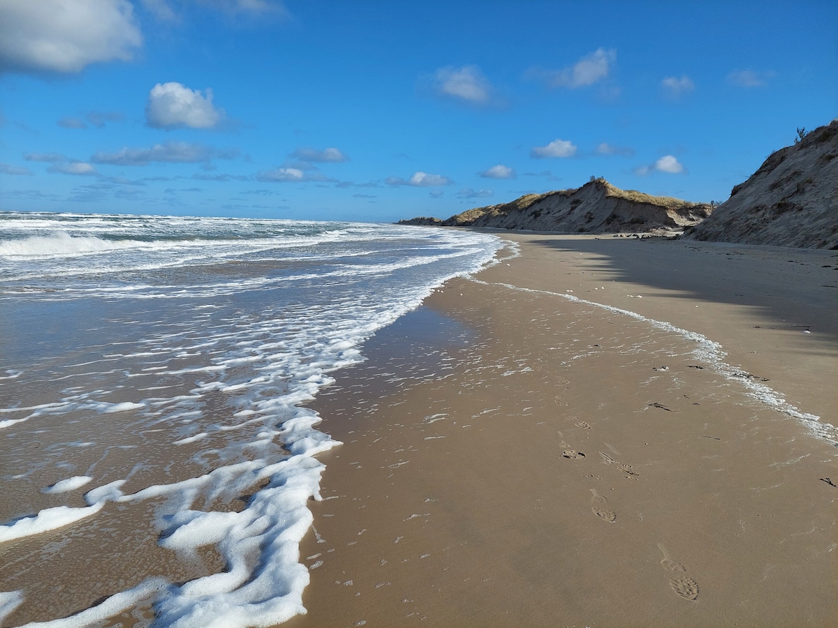 A sandy beach is shown with gentle waves lapping at the shore. The coastline is bordered by low dunes, while a clear blue sky is dotted with fluffy white clouds. Footprints can be seen in the wet sand, leading towards the water.