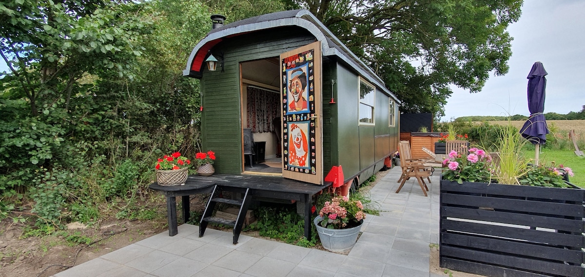 A charming circus wagon is set against a backdrop of lush greenery. A small porch with decorative flowers invites guests inside. The wagon's exterior features colorful artwork, while a staircase leads to the entrance. Outdoor seating and planters enhance the pleasant atmosphere.