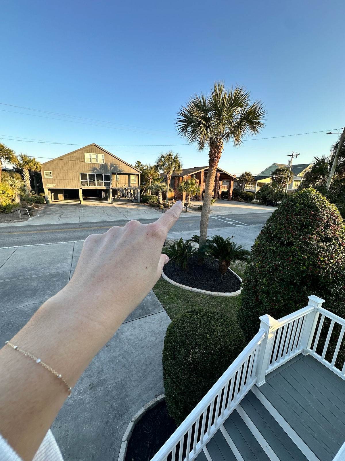 A hand is shown pointing towards a street lined with palm trees and nearby homes. The view captures a sunny sky, along with well-maintained landscaping in the foreground, suggesting a peaceful neighborhood atmosphere.