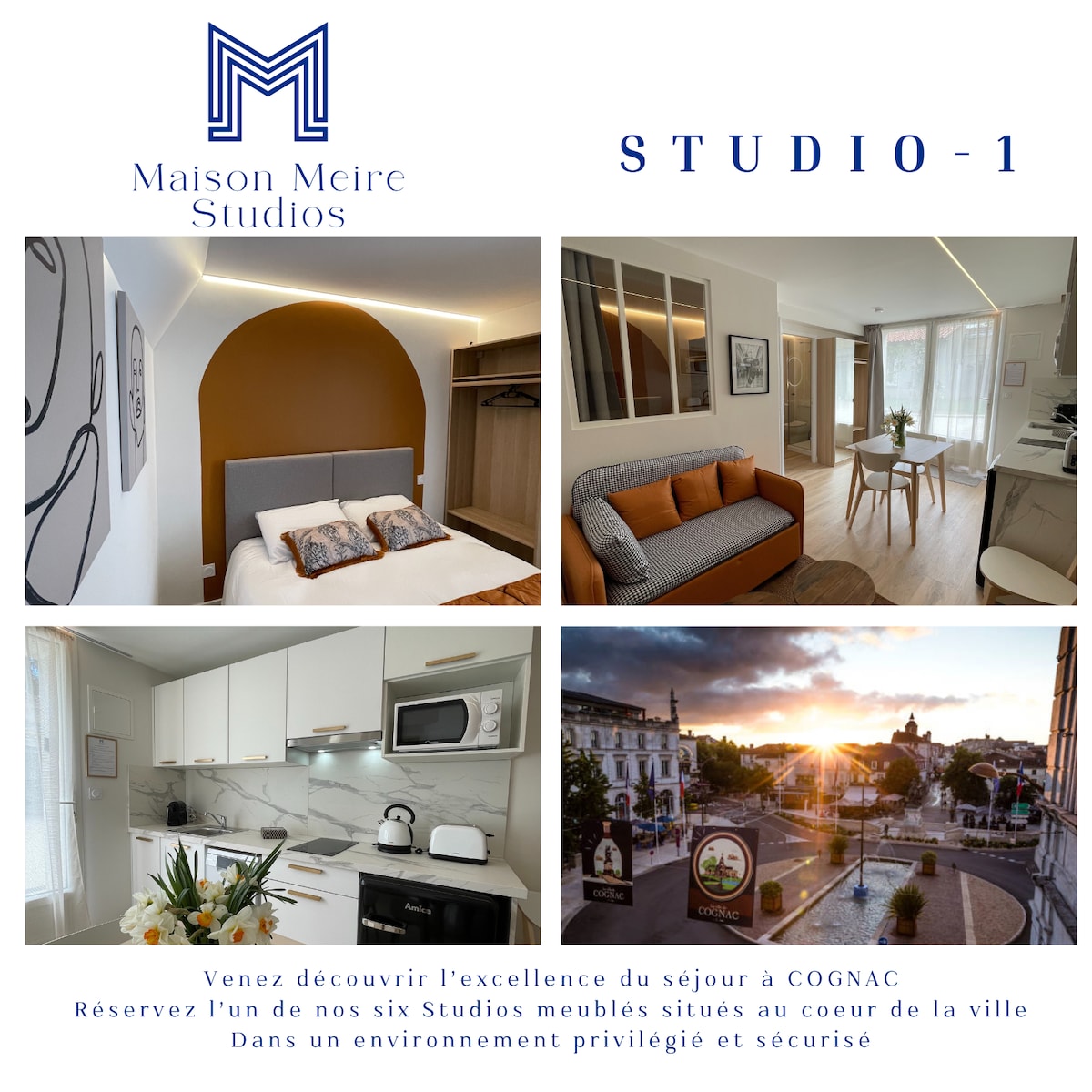 The image showcases a modern studio layout highlighting a well-equipped kitchen area with cabinetry and appliances. Natural light floods the space, creating a bright atmosphere. A cozy dining area and a comfortable seating arrangement are visible, contributing to a functional and inviting living environment.