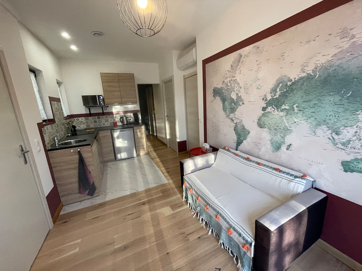 The open living area features a compact kitchen equipped with modern appliances and a cozy sofa adorned with a decorative blanket. A large world map is displayed on the wall, enhancing the room's sense of exploration and comfort.