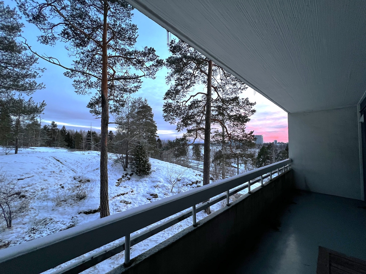 A spacious balcony offers a view of snow-covered ground and tall trees, framed by a pastel sky during twilight. The quiet landscape reflects a serene atmosphere, highlighting the natural beauty surrounding the apartment.