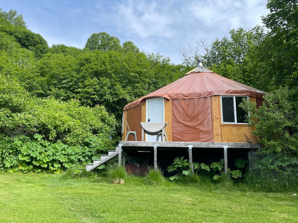 A circular yurt is set on a wooden platform, surrounded by lush greenery. Two chairs are positioned on the deck, offering a spot to enjoy the natural setting. The exterior features a brown cover with a white door, blending harmoniously with the landscape.