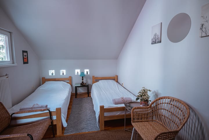 Habitación con dos camas individuales, tranquila y luminosa.