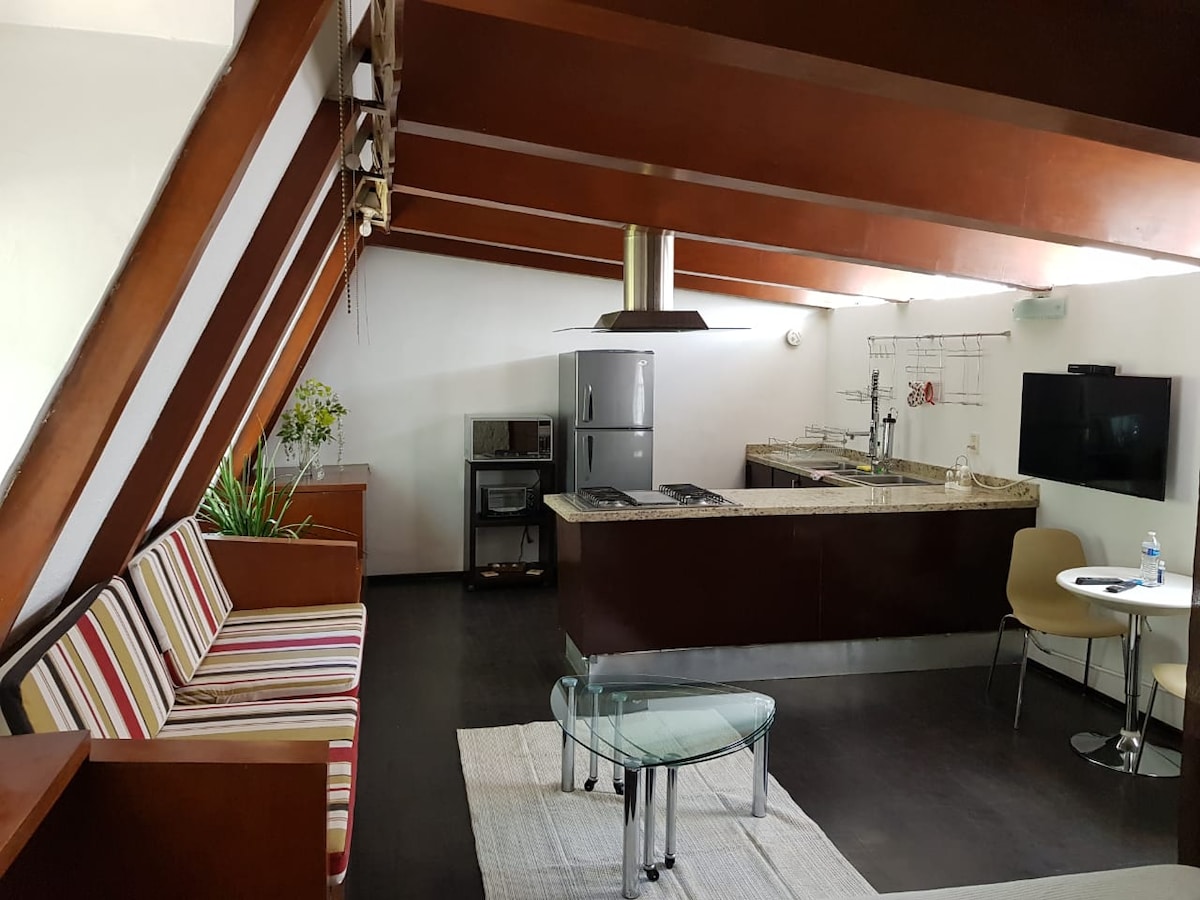 An open kitchen and living area features wooden beams overhead. A striped sofa and a glass coffee table complement the space. Appliances include a microwave, refrigerator, and an oven. A small dining table with a chair is visible, along with a mounted television on the wall.