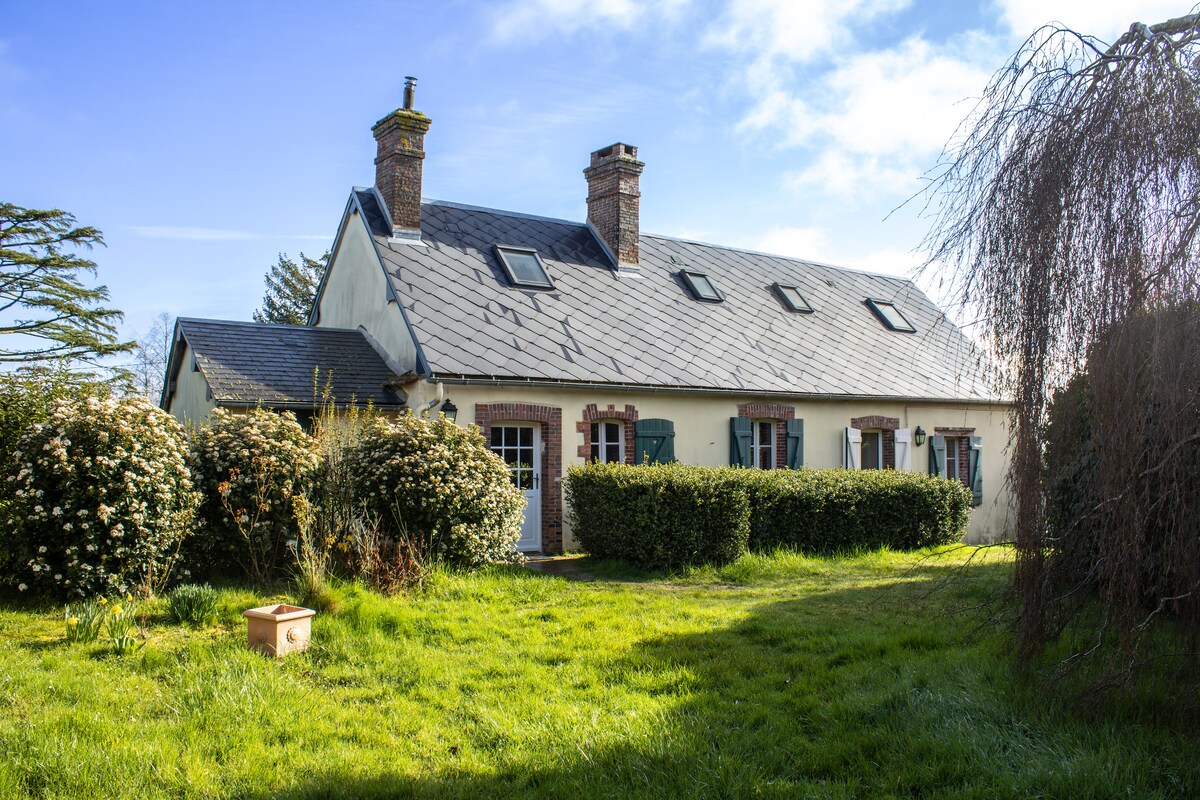The exterior of a renovated house is surrounded by lush greenery and shrubs. A well-maintained garden area is visible, featuring a grassy lawn and a few flowering plants. Natural light illuminates the structure, highlighting its charming roof and window details.