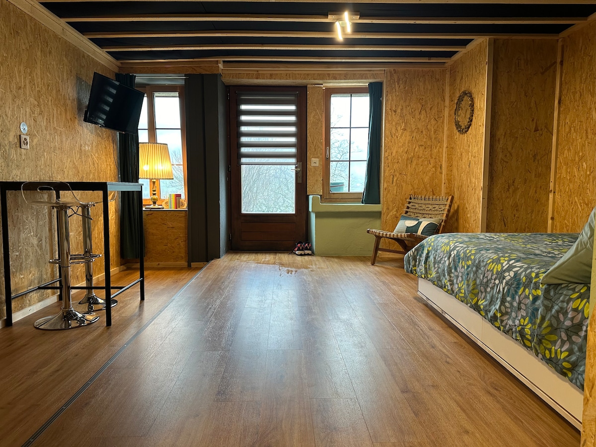 An inviting studio space is showcased, featuring a spacious sleeping area with a floral bedspread and a wooden bench. A small table with high chairs is present, along with a wall-mounted television. Large windows provide natural light, illuminating the room's warm wooden accents.