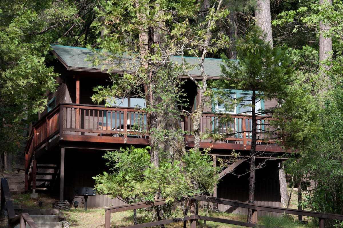 A cabin nestled among tall trees features a spacious deck with railings, allowing for outdoor relaxation. Large windows provide a view of the surrounding forest. The structure is elevated on stilts with stairs leading to the entrance, blending harmoniously with the natural environment.