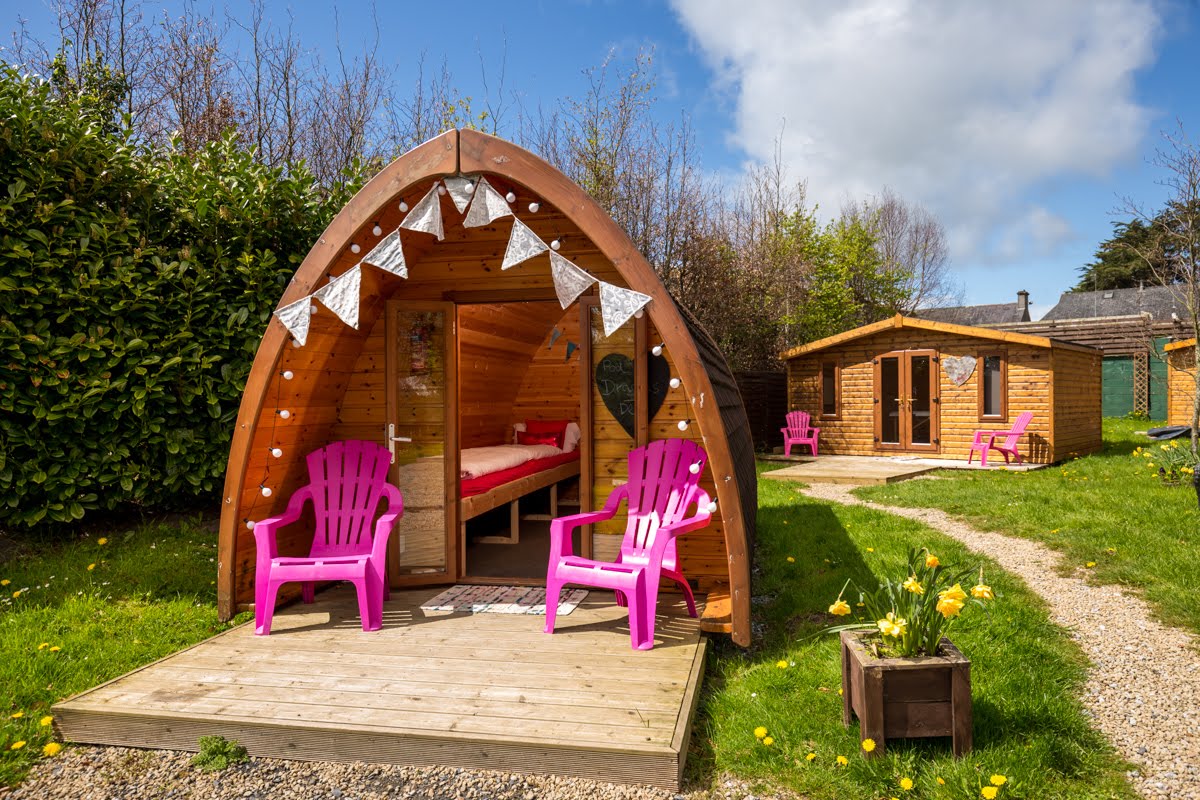 A uniquely shaped wooden pod is situated on a grassy area, with a wooden deck leading to its entrance. Bright pink chairs are placed outside, and a charming wooden cabin can be seen in the background. Green foliage adds a natural touch to the setting.