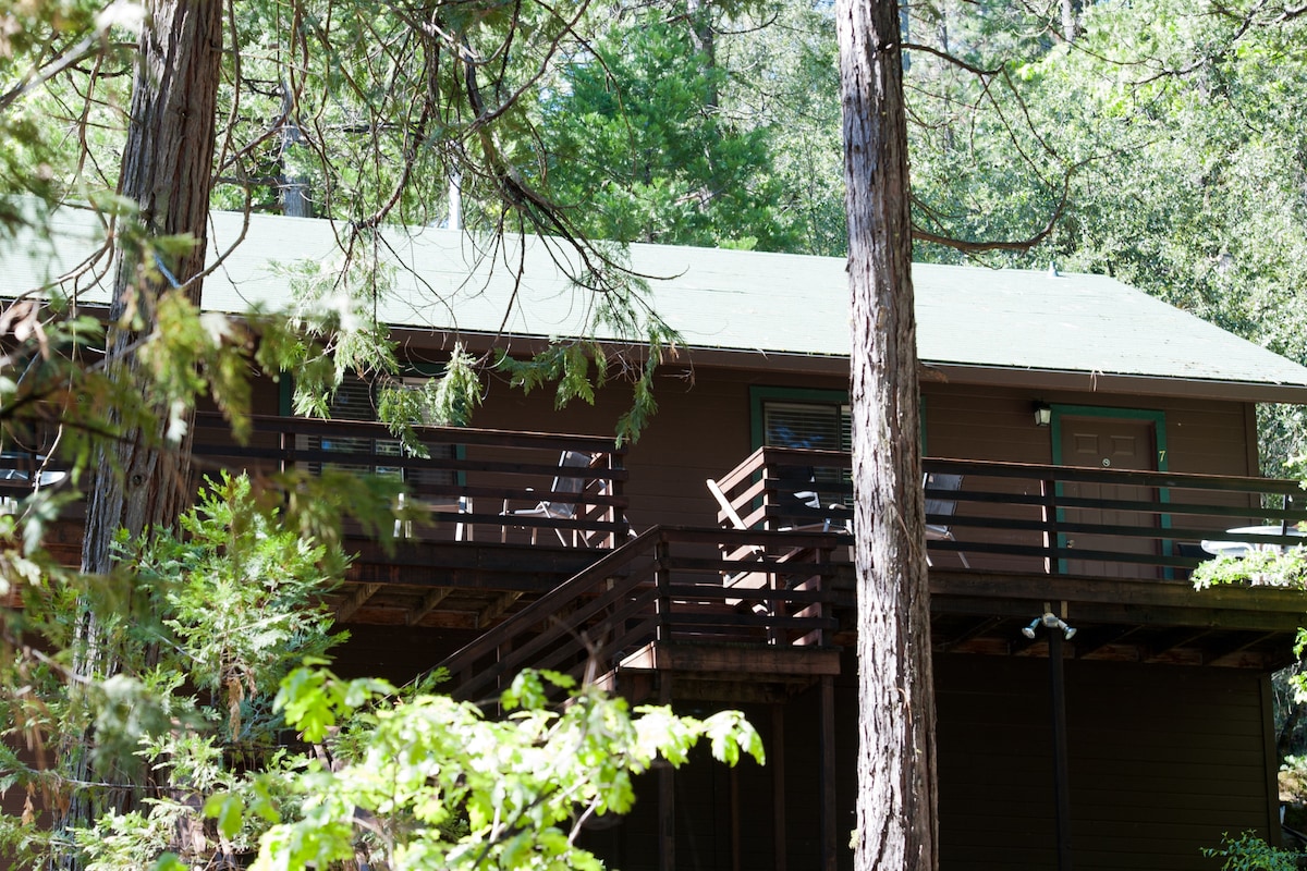 The two-story cabin is surrounded by tall trees, showcasing a dark wooden exterior and green roof. A spacious deck extends from the cabin, featuring several outdoor chairs and a single entrance door. This setting highlights a tranquil, natural environment.