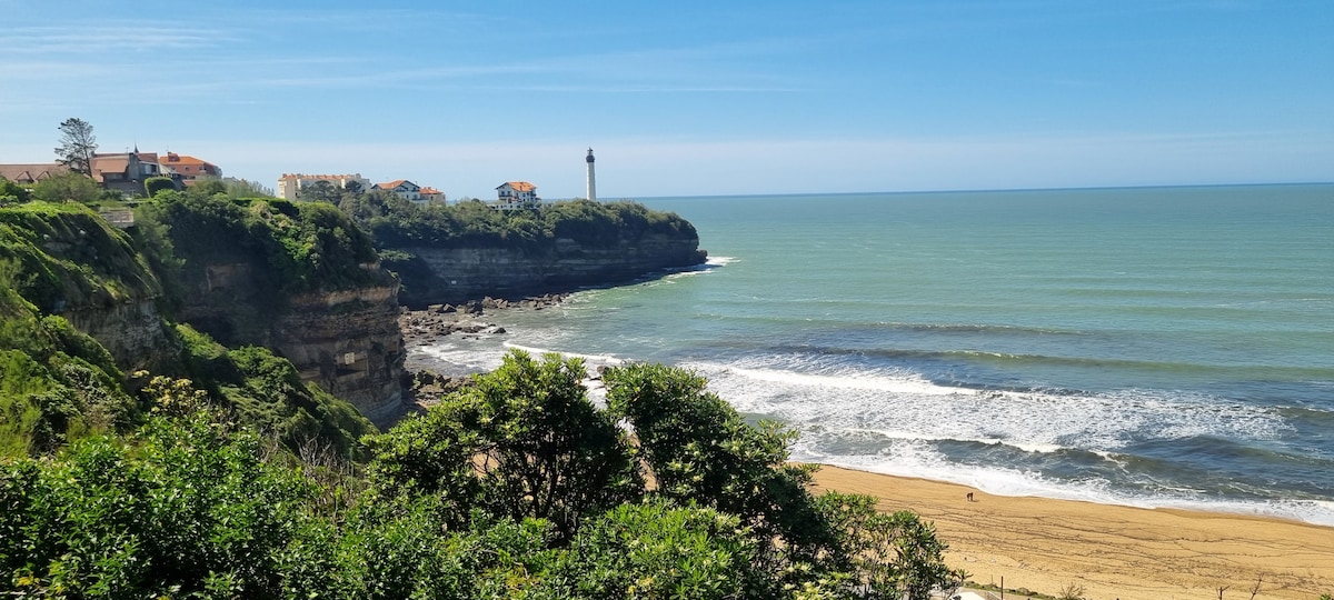 A scenic view captures the gentle waves lapping against a sandy shoreline, framed by lush greenery and rocky cliffs. In the distance, a lighthouse stands tall, with coastal buildings visible atop the cliffs under a clear blue sky.