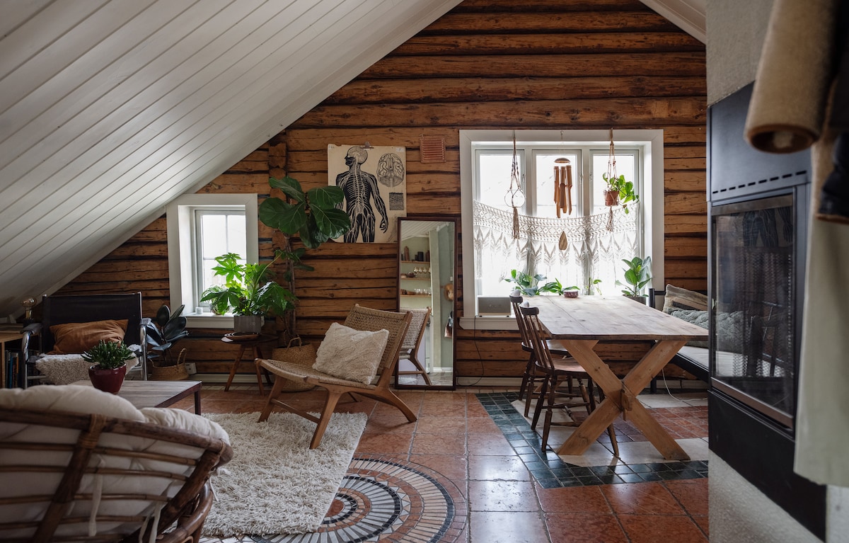 A cozy living space features exposed wooden walls and a sloped ceiling. Natural light floods in through large windows adorned with plants. A wooden table is surrounded by woven chairs, while a plush rug enhances the comfort. Artistic decor elements add character to the room.
