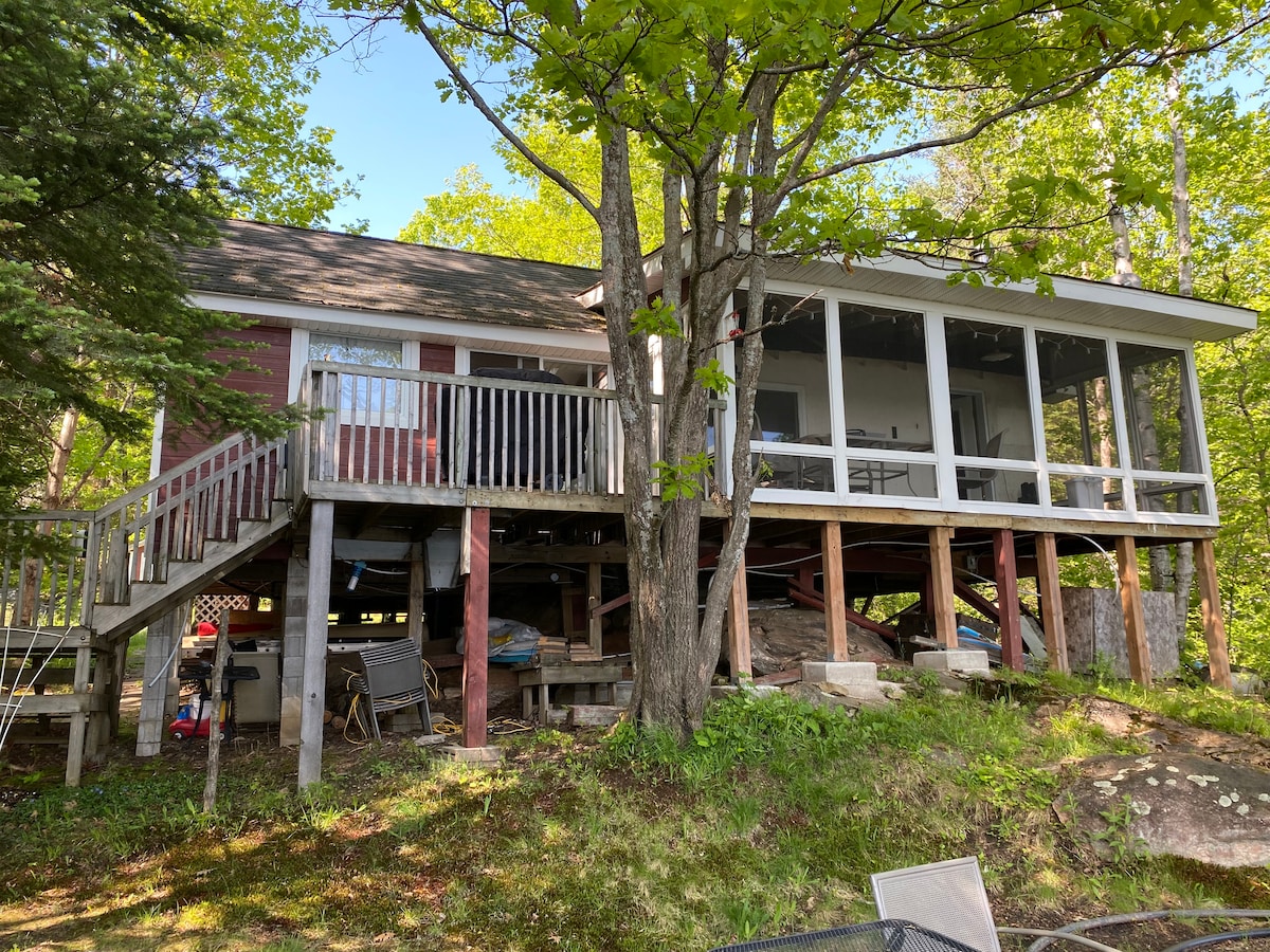 The cottage is elevated on wooden stilts, surrounded by lush green trees. A large screened-in porch is visible, featuring wooden railings and empty chairs. The exterior showcases a combination of red and white walls, set against the natural landscape.