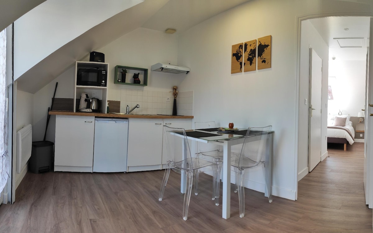A compact kitchen area features modern appliances, including a microwave and refrigerator, integrated into sleek cabinetry. An adjacent dining table with transparent chairs is set for two, while a wall is adorned with framed world maps, adding a global touch to the space.