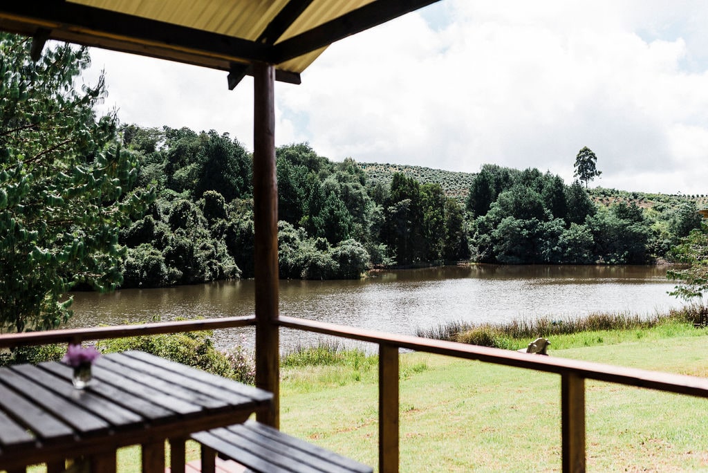 A scenic view is presented from a covered deck, overlooking a tranquil dam surrounded by lush greenery. The wooden table and benches create a space for relaxation while a small potted flower adds a touch of charm.