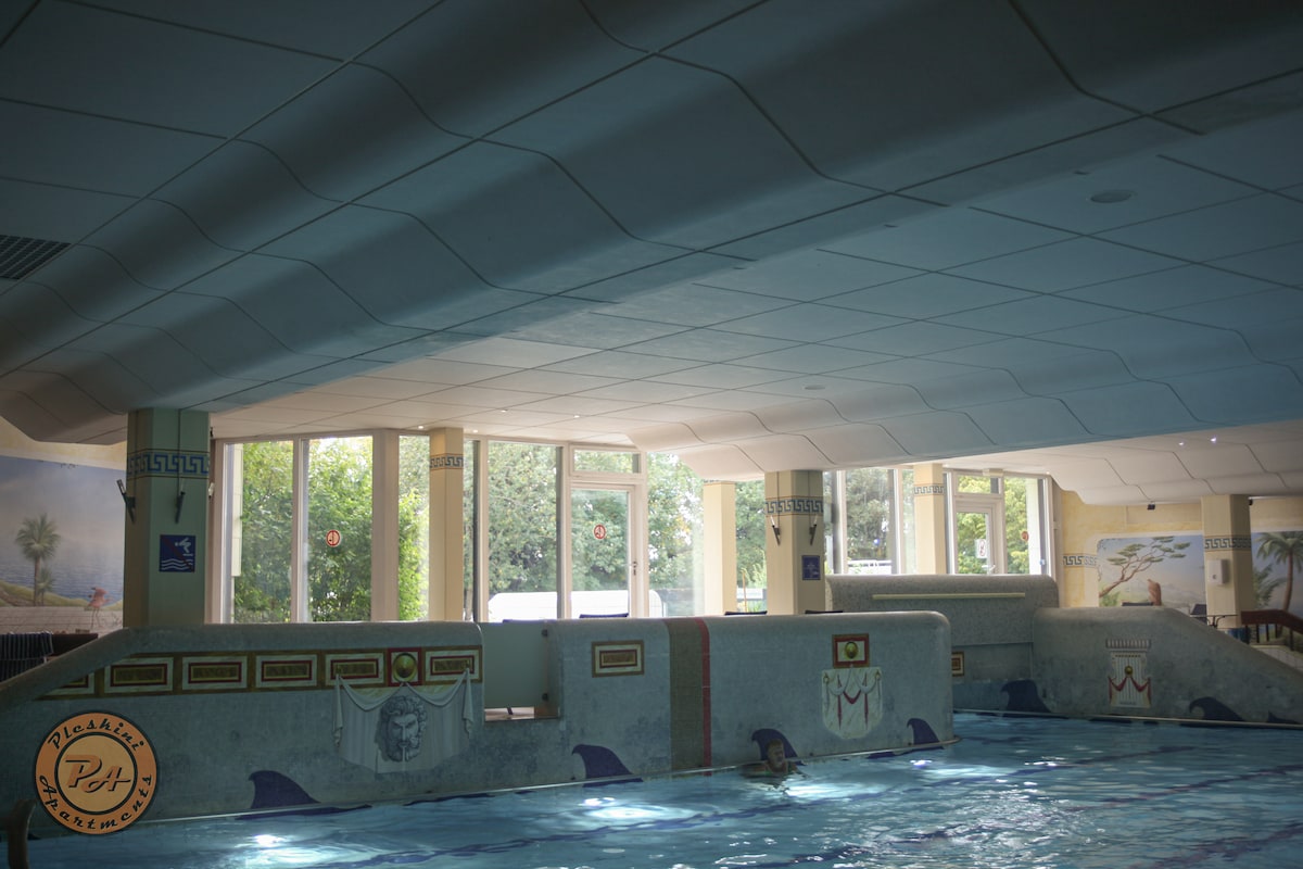 An indoor pool area is highlighted by a spacious layout and tranquil atmosphere. Decorative tiles featuring sea motifs adorn the pool's edge. Floor-to-ceiling windows allow natural light to enter the space, creating a bright and inviting environment. Lush greenery can be seen through the windows.