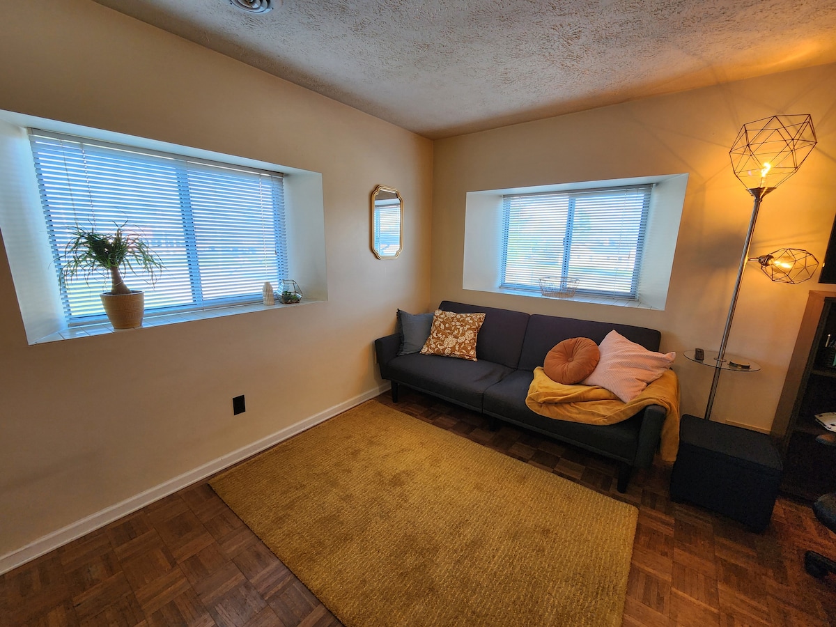 A bright living room features a futon sofa adorned with decorative pillows, positioned near two large windows that allow natural light to fill the space. A cozy area rug covers the wooden floor, and a standing lamp adds a warm glow to the atmosphere.