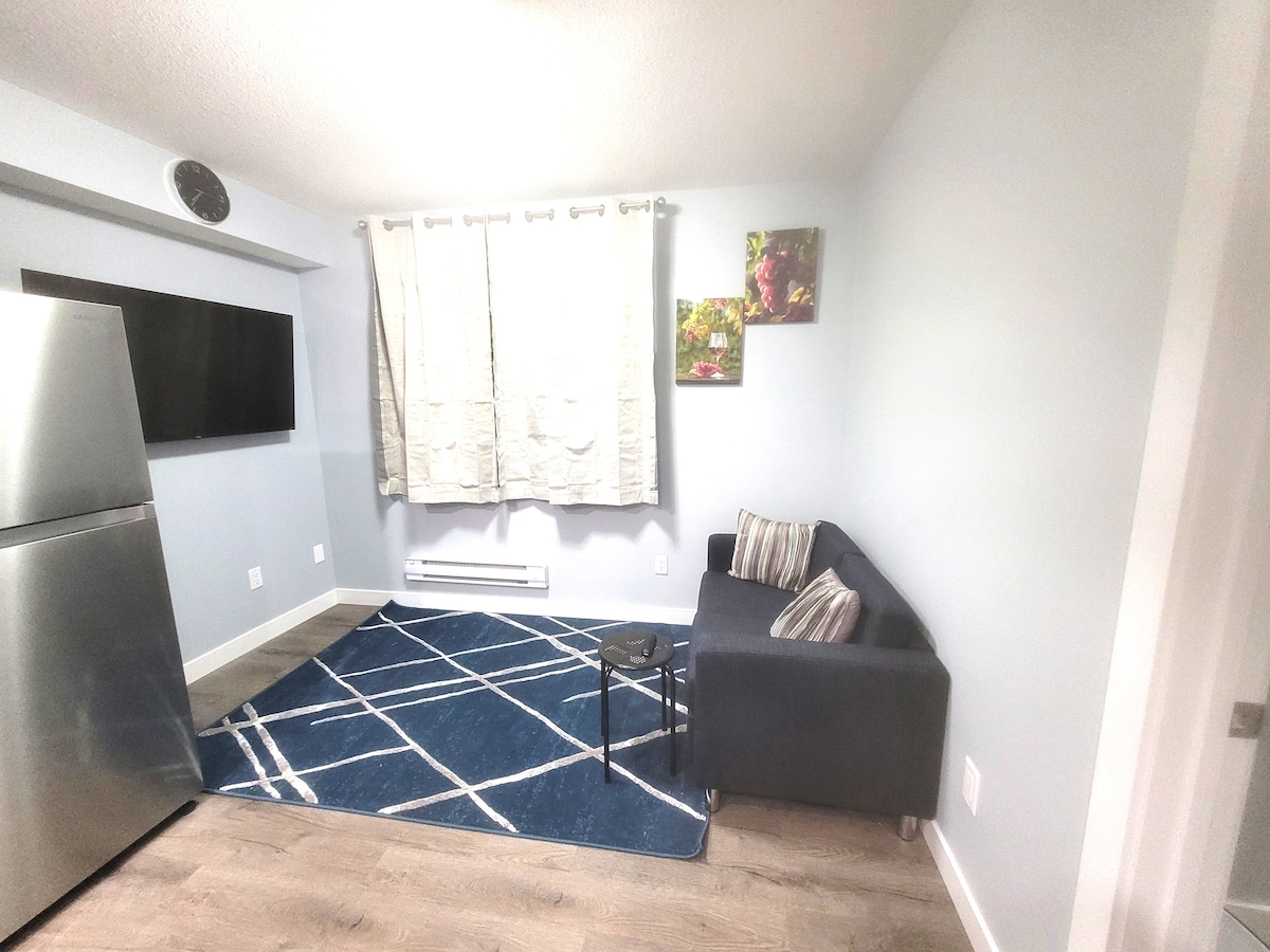 A modern living area features a cozy dark sofa and a small side table, accompanied by a blue and white geometric area rug. A flat-screen television is mounted on the wall, and natural light filters through a curtain, enhancing the pale blue walls.