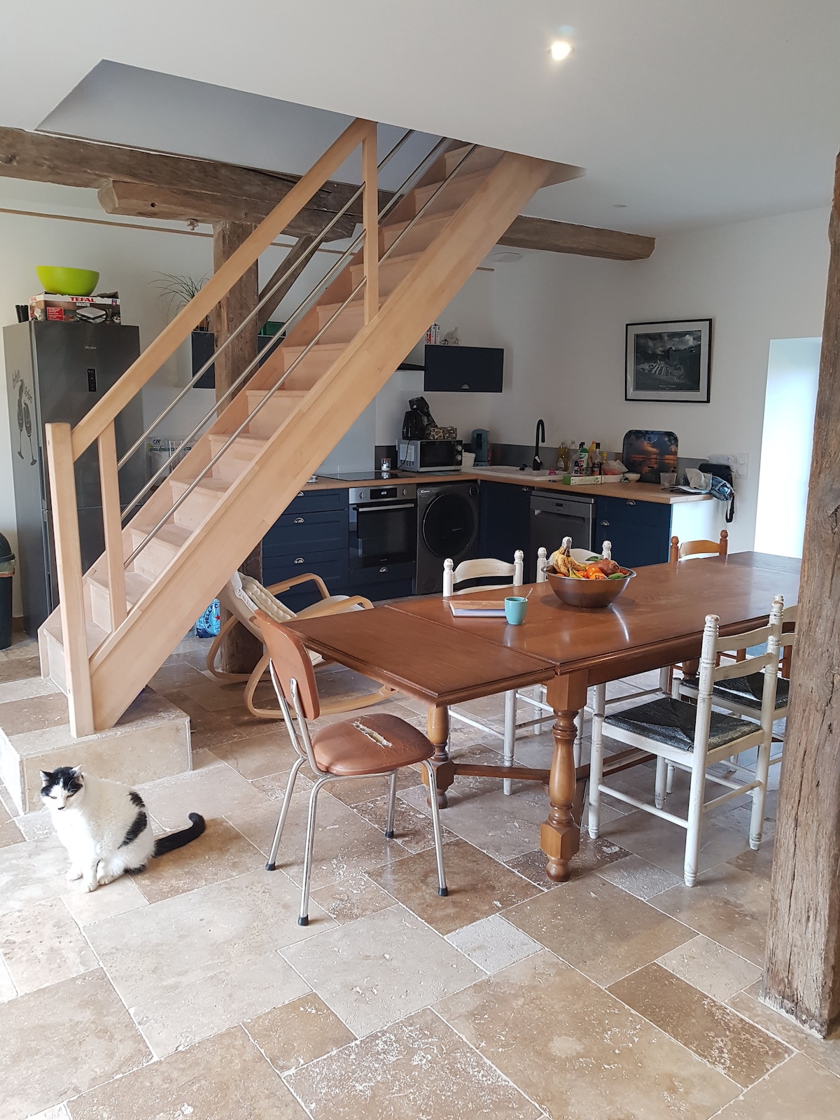 A well-lit kitchen area features a large wooden dining table surrounded by chairs. A staircase with wooden railings leads to an upper level, while appliances and cabinets in dark blue are visible in the background. A cat rests on the floor, adding a homey touch to the space.