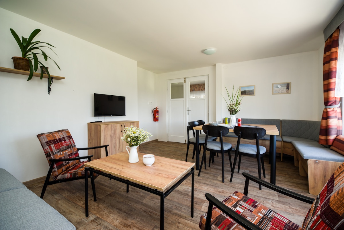 Dhoma e ndenjjes përdoret për të kaluar kohë me familjen së bashku. Ambienti është i ndarë në dy pjesë. 
Për ta përdorur ka një divan në këndin e ngrënies me një tavolinë ngrënieje. Tavolinë kafeje përballë me kolltuqe dhe divan. Ka televizor dhe Wi-Fi, lojëra tavoline etj.
