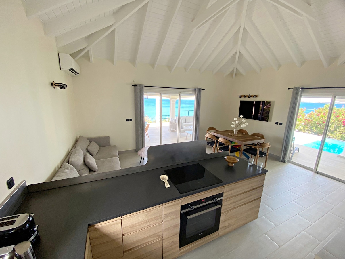 A spacious living area is showcased with high vaulted ceilings and large glass doors, providing a view of the outdoor terrace and pool. The kitchen features modern appliances and a sleek countertop, while a comfortable seating area invites relaxation.