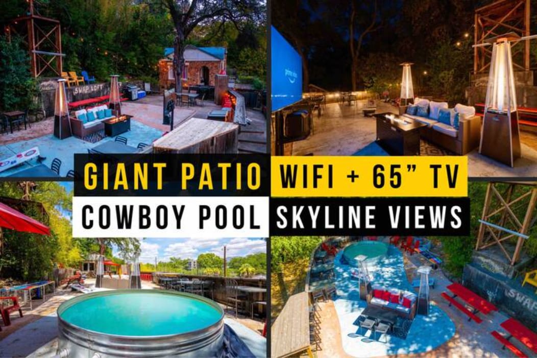 A spacious patio reveals a heated cowboy pool, comfortable seating areas, and a large 65" TV. Propane heaters and fire tables are positioned for warmth. The site offers a panoramic view of the skyline, surrounded by trees, creating an inviting outdoor atmosphere.
