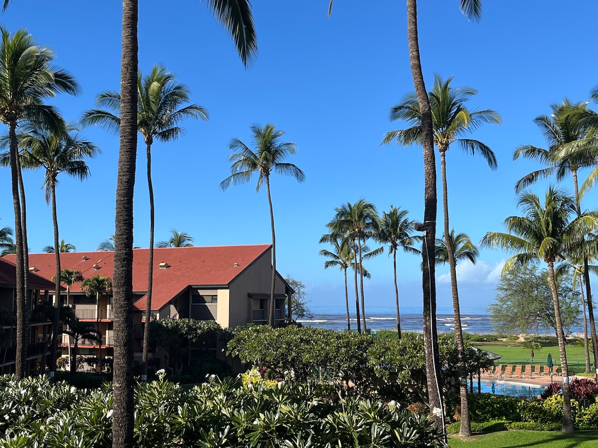 A landscaped area features palm trees swaying gently in the breeze, framing a view of the resort building with a red roof and nearby ocean. Bright blue skies and greenery enhance the serene atmosphere, inviting relaxation.