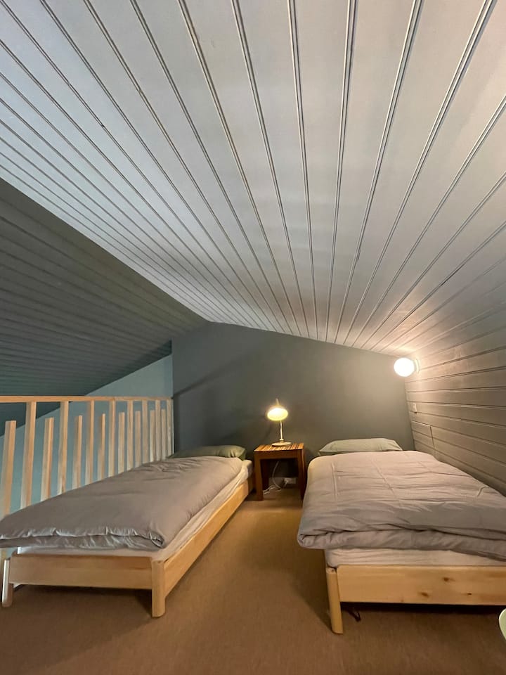 Cette mezzanine avec vue sur l'espace de vie dispose de deux lits simples qui peuvent également être convertis en un lit. Il a un plafond en pente.