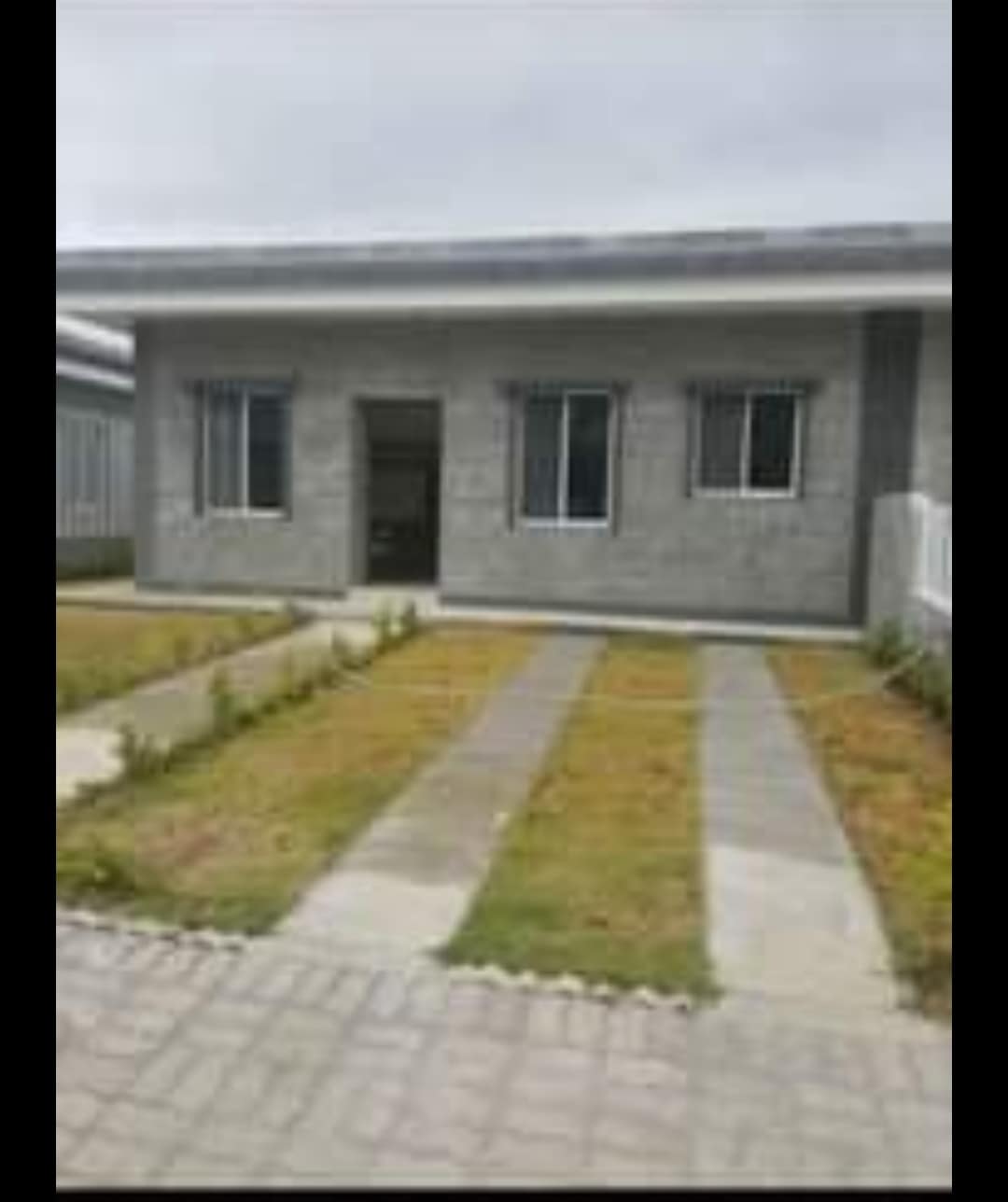 A modern building with a concrete façade features multiple windows that allow natural light to enter. A pathway of stone pavers leads to the entrance, framed by neatly maintained grass and low landscaping, creating an organized and welcoming outdoor space.