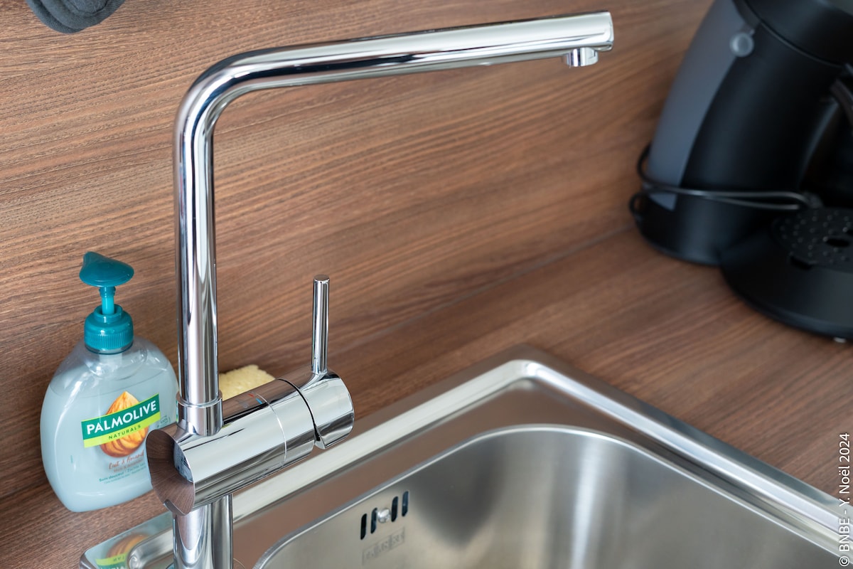 A modern chrome faucet is positioned above a stainless steel sink, reflecting light in the kitchen. A bottle of Palmolive dish soap sits nearby, alongside a sponge. A coffee maker is visible in the background, contributing to the kitchen's equipped appearance.