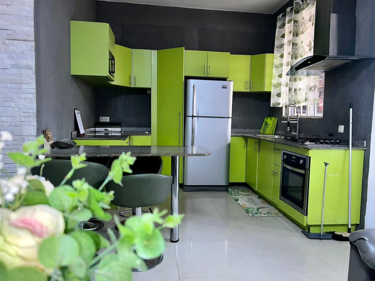 A modern kitchen features vibrant green cabinetry and a stainless steel refrigerator. A gas stove and oven are visible, complemented by a dark countertop. A small dining area is included with round green chairs around a matching table, while a window is adorned with patterned curtains.