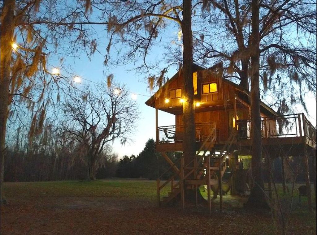 A wooden tree house is surrounded by tall trees, with warm lights illuminating the structure. A staircase leads to the elevated entrance, while the clear evening sky provides a peaceful backdrop. Spanish moss hangs from the branches, adding to the natural setting.