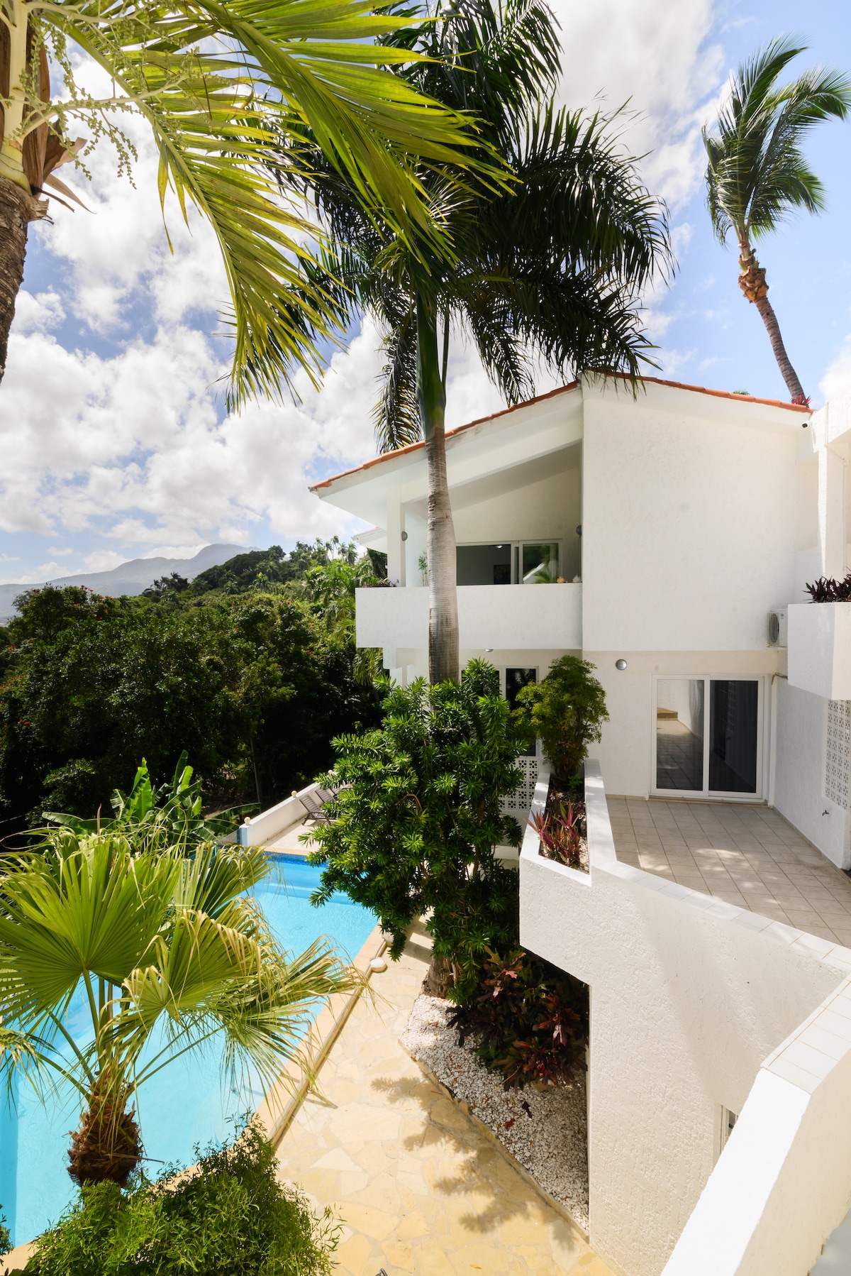 The exterior of the duplex showcases a private pool surrounded by lush greenery and tropical plants. A spacious patio area connects the pool to the building, which features large windows and balconies that provide views of the ocean and surrounding landscape.