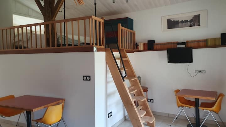 Chumba kikuu cha kulala cha Mezzanine na sofa katika chumba kimoja (sebule)
