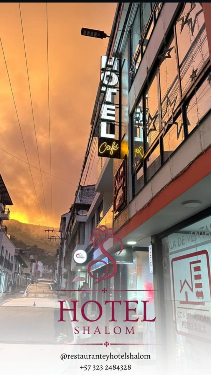 The exterior of Hotel Shalom is shown, featuring a multi-story building with large glass windows. The warm glow of lights from the café and hotel signage reflects against the glass. A street view with faint outlines of surrounding buildings and a colorful sky adds to the urban scene.
