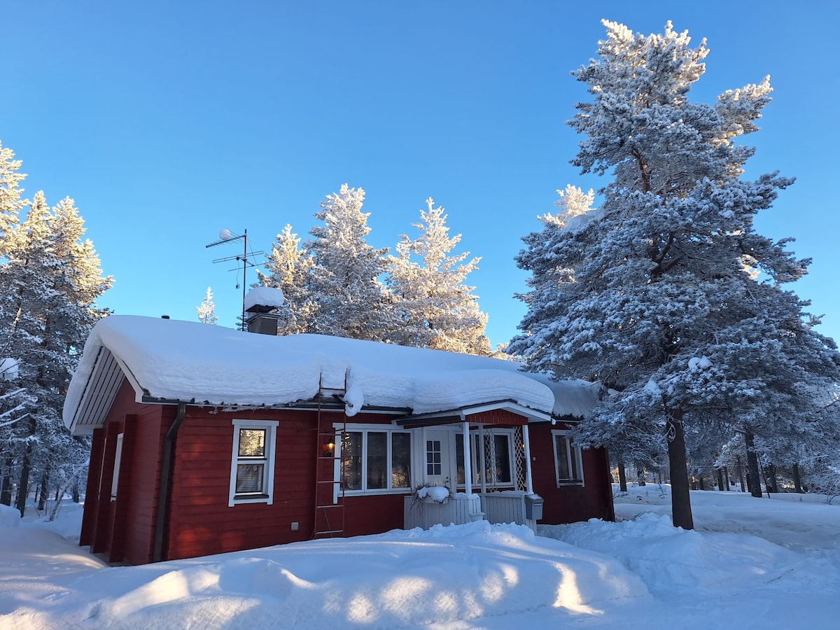 A red cottage is surrounded by snow-covered trees, creating a serene winter scene. The roof is blanketed in snow, and large windows invite natural light into the interior. The clear blue sky enhances the peaceful atmosphere of the property.