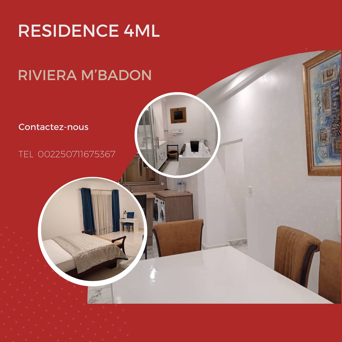 An open living area displays a dining space with a modern table and four chairs, adjacent to a well-equipped kitchen. The room features a comfortable bed with neutral bedding. Soft lighting enhances the clean, minimal decor, complemented by artwork on the wall.
