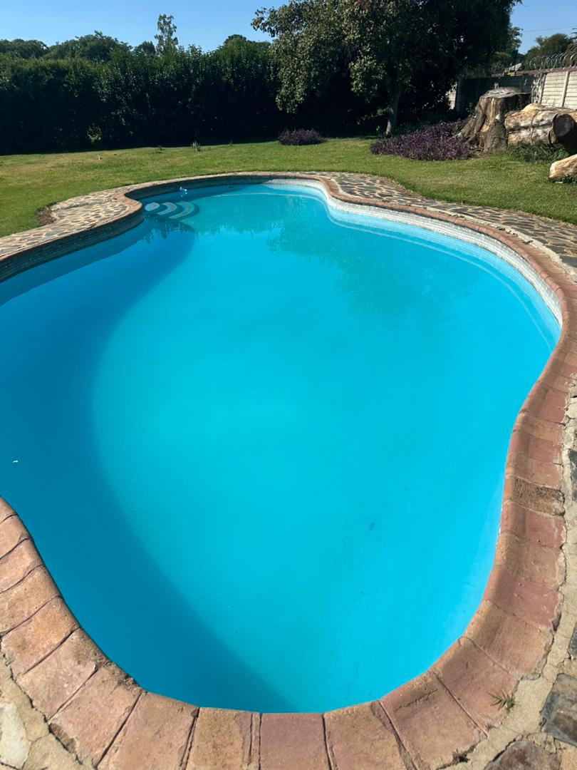 A sparkling swimming pool is situated in a lush backyard, featuring clear blue water bordered by a curved brick edge. The surrounding manicured lawn adds to the serene outdoor atmosphere, with greenery visible in the background.