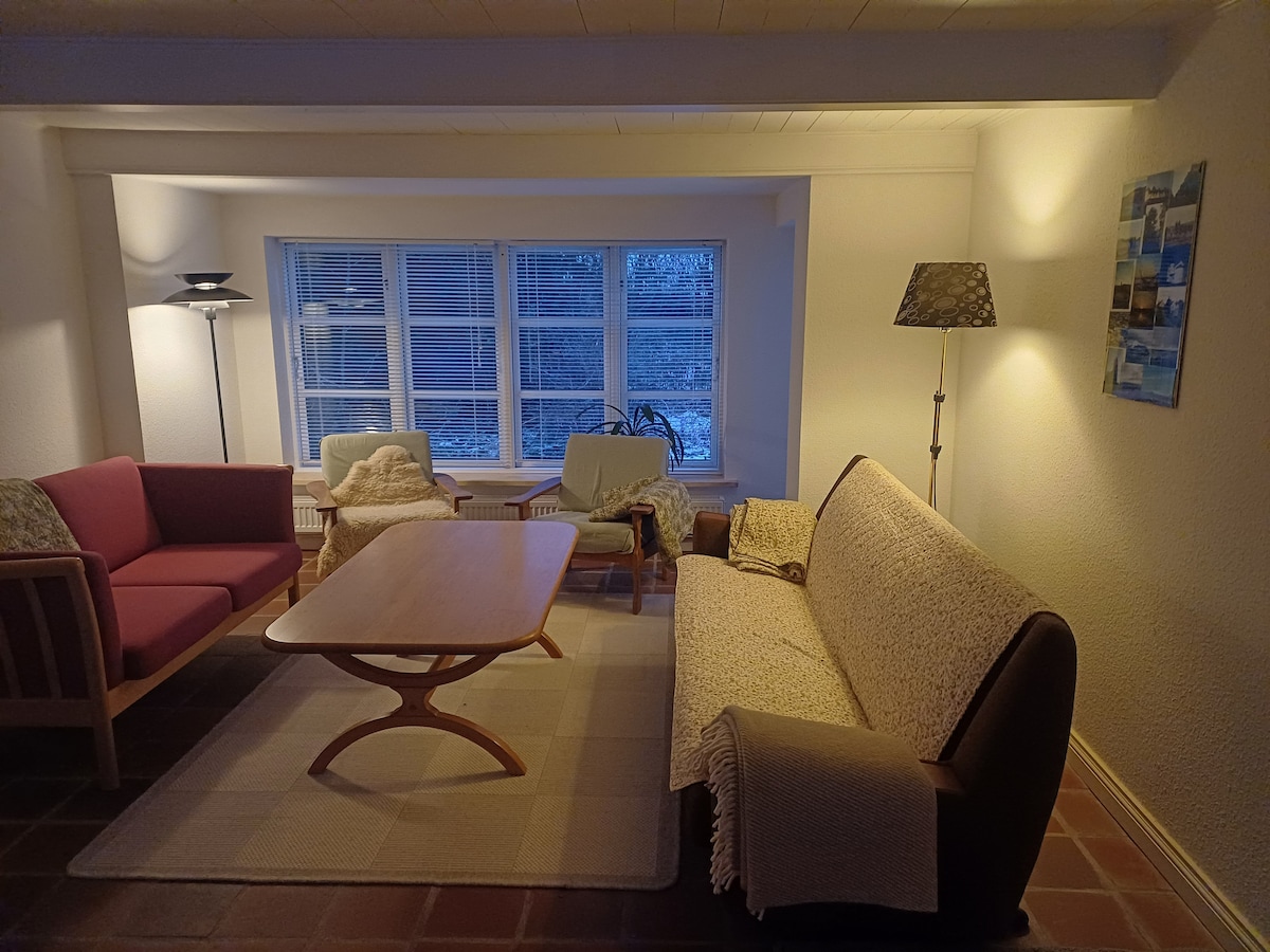 A spacious living room features a large window with blinds, allowing natural light to filter through. Two sofas, one upholstered in brown and another in pink, are arranged around a wooden coffee table. A floor lamp and a side chair add functionality to the cozy space.
