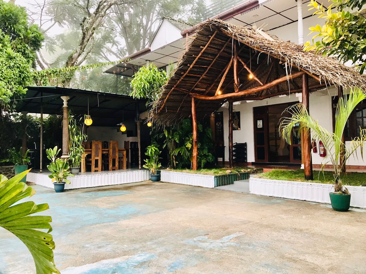 An outdoor area is shown featuring a thatched-roof structure supported by wooden pillars. Surrounding greenery includes potted plants, adding a touch of nature. A large, open space invites gatherings, with wooden seating visible underneath the roof. The ground is concrete and clearly organized.