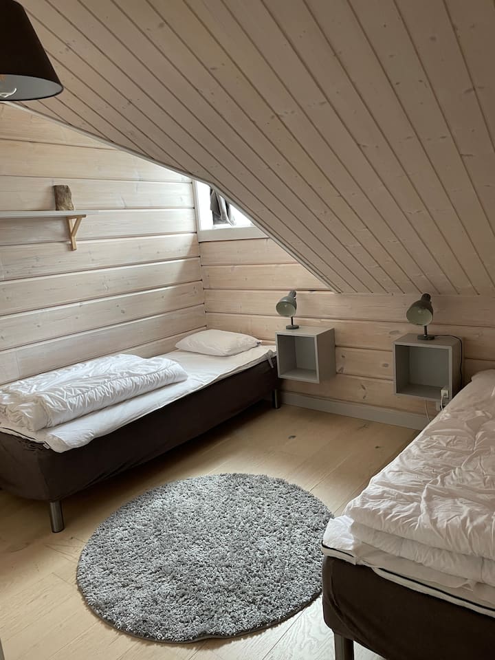 Საძინებელი ლოფტში 80 სმ-იანი ორი ერთადგილიანი საწოლით