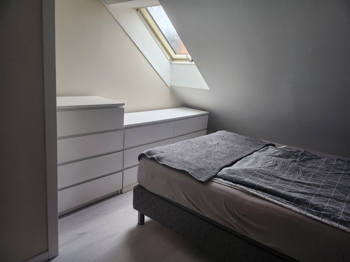 A slanted ceiling creates an intimate atmosphere in this bedroom. A spacious bed is positioned alongside a bright window, allowing natural light to fill the room. A white dresser is situated across from the bed, offering ample storage space.
