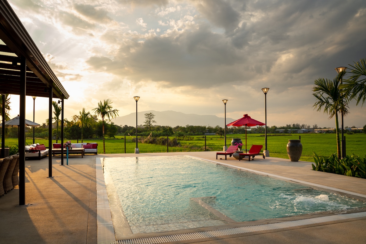 An outdoor area features a private pool with a jacuzzi section, surrounded by lounge chairs and shaded by an umbrella. Nearby, a sofa set is visible under the roofed patio. Lush green rice fields and distant mountains create a serene backdrop under a cloudy sky.