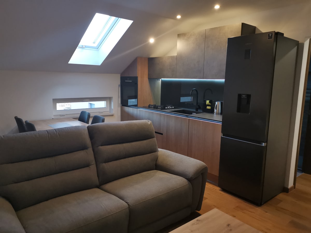 A bright kitchen area is featured with modern cabinetry and sleek appliances, including a refrigerator and cooktop. A large skylight allows natural light to fill the space. A comfortable, gray sofa is positioned in front of a wooden table set for dining, accommodating several chairs.