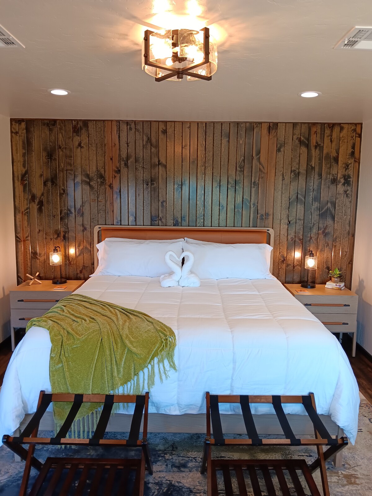 Დიდი ზომის საწოლი ლამპებითა და ღამის სადგამებით. Სანათებს აქვს გამუქებები და USB პორტები თქვენი ელექტრომოწყობილობებისთვის.
Ბარგის საკიდები და პლუშის ხალიჩა.