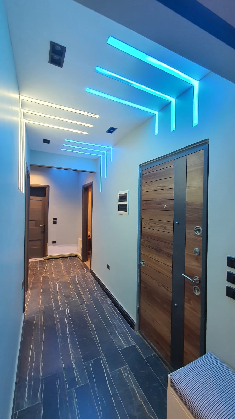 A modern hallway features sleek, illuminated lines along the ceiling, creating a subtle ambiance. The dark stone flooring contrasts with the light walls, and a wooden door leads to the outside. Additional doors are visible along the hallway, enhancing the spacious feel.