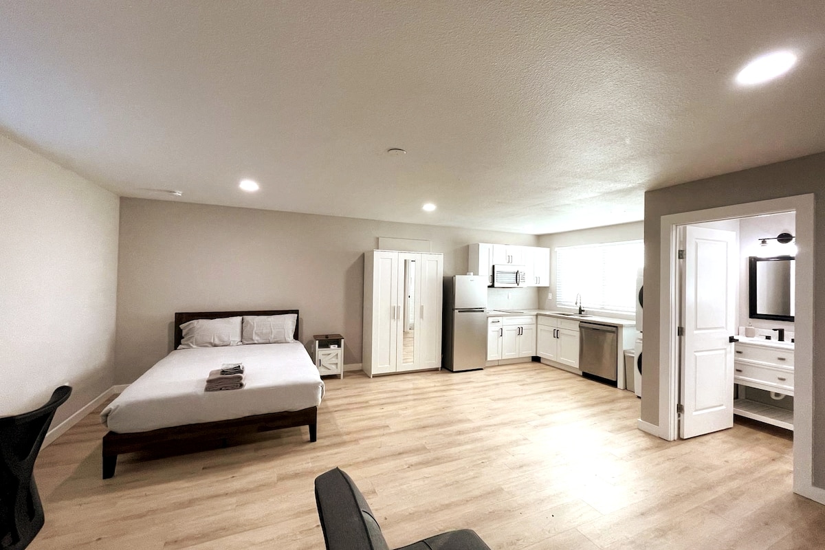 A spacious studio unit is shown with a wooden bed positioned beside a modern kitchen featuring stainless steel appliances. Natural light fills the room from a row of windows. A stylish seating area is visible, along with a minimalist work desk and an organized closet.