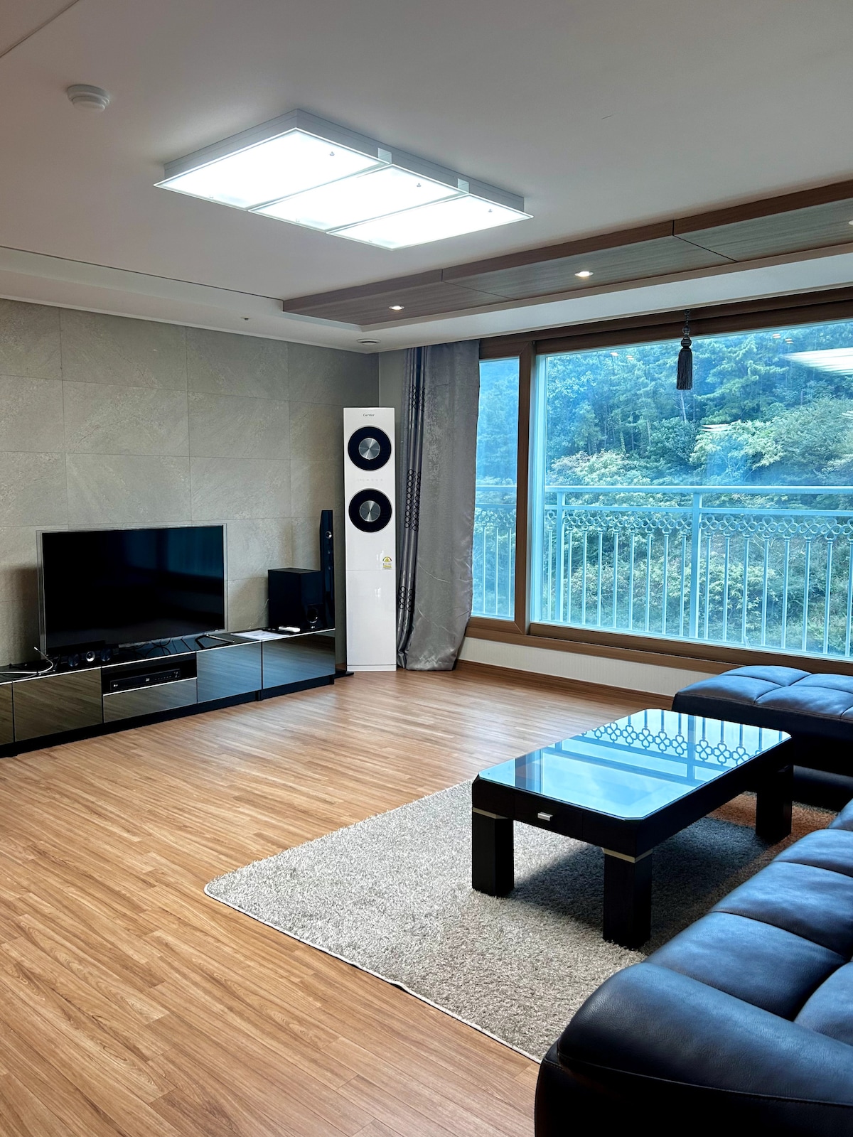 A living area features a dark leather sofa positioned around a low glass coffee table. A sleek black TV stand houses a television and audio equipment. Large windows offer a view of lush greenery, while natural light brightens the space through a ceiling fixture.